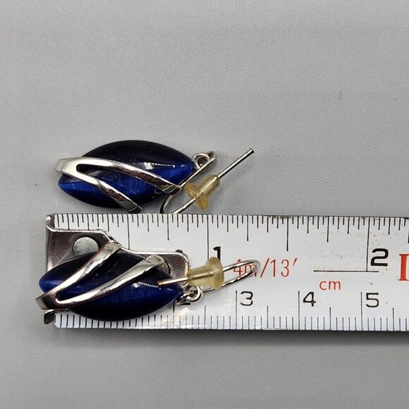 SARAH Blue Pointed Oval Necklace Earrings Set Silver Tone - Picture 13 of 14